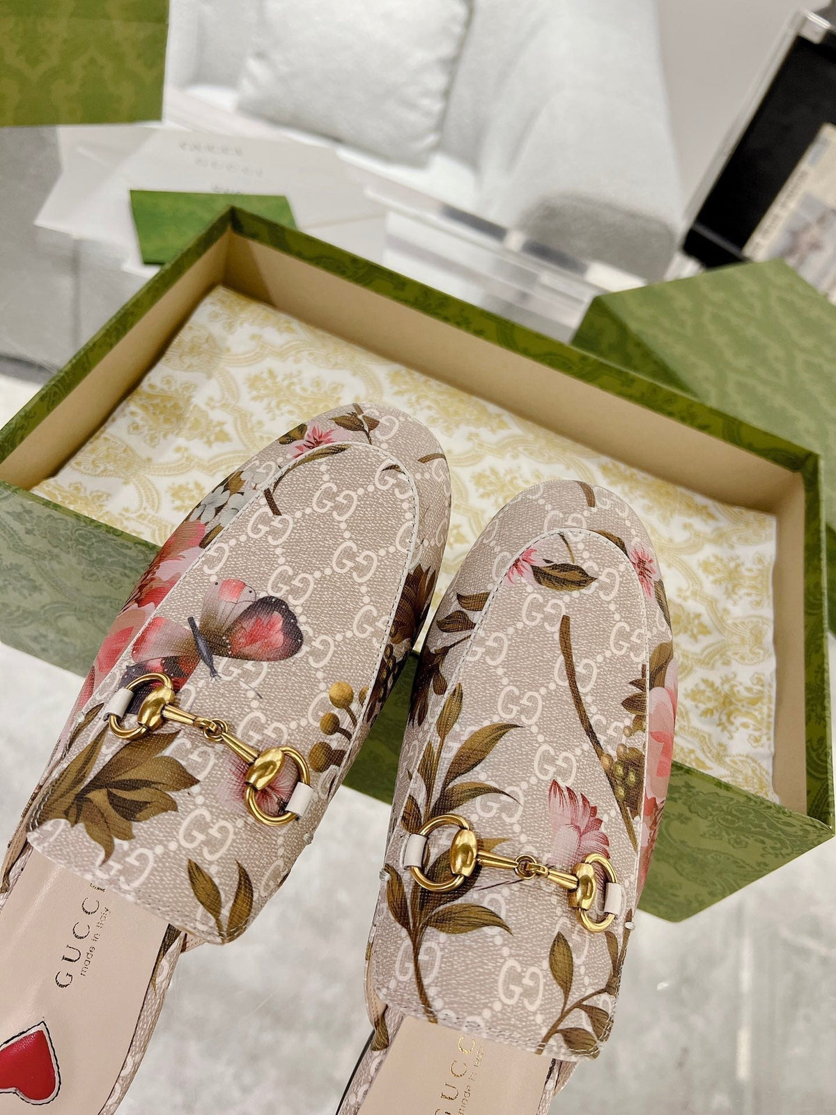 HORSEBIT FLOWER SLIPPER MULE IN LINEN BEIGE MONOGRAM JACQUARD FABRIC