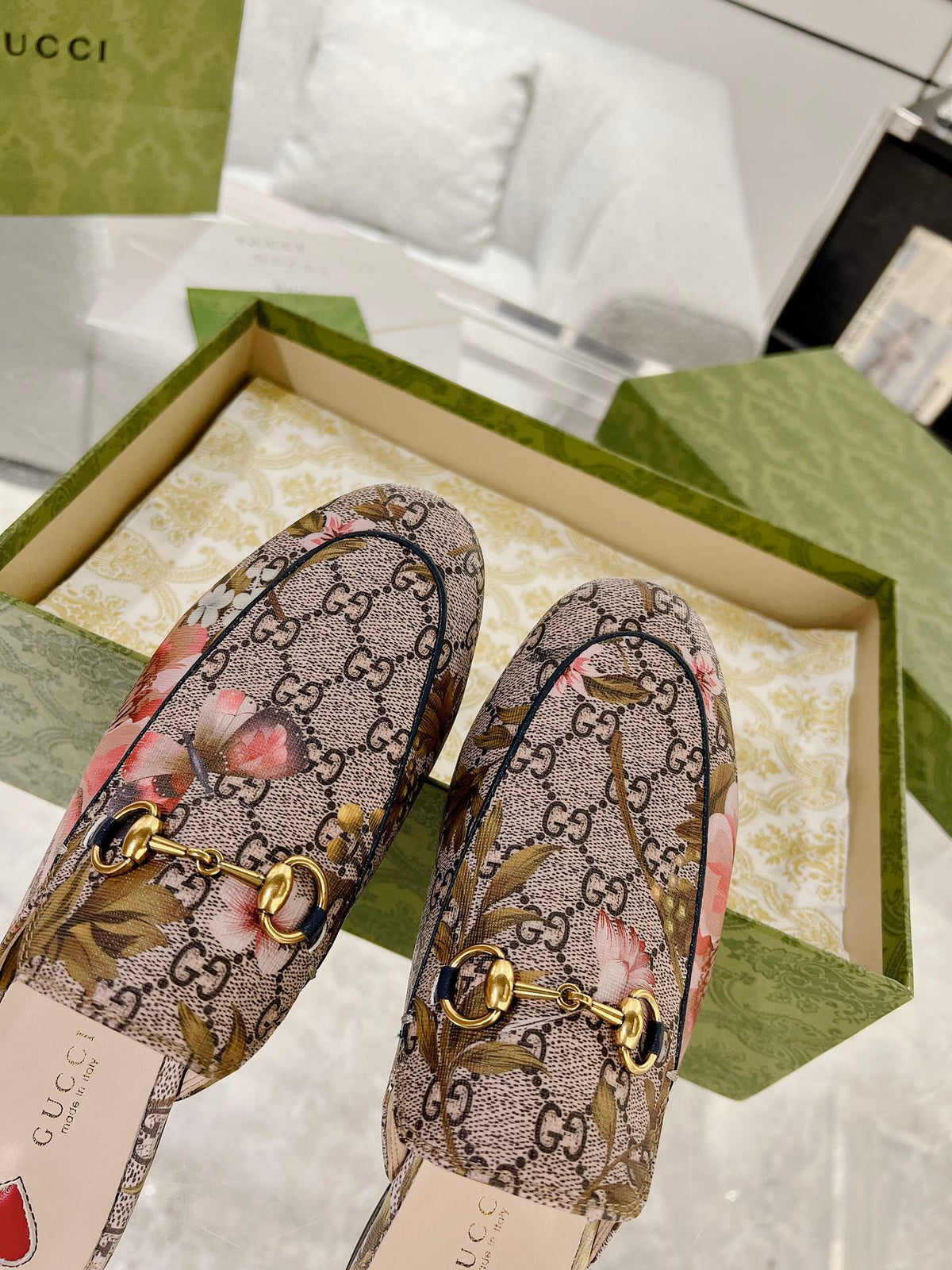 HORSEBIT FLOWER SLIPPER MULE IN DARK BEIGE MONOGRAM JACQUARD FABRIC