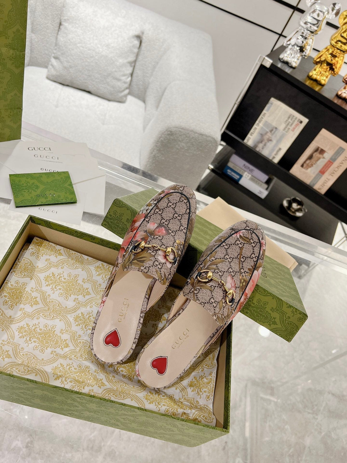 HORSEBIT FLOWER SLIPPER MULE IN DARK BEIGE MONOGRAM JACQUARD FABRIC