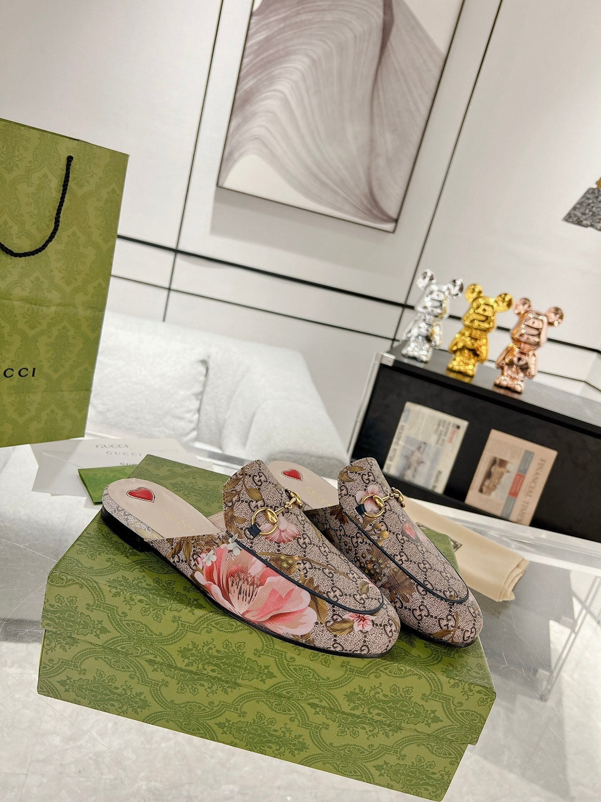 HORSEBIT FLOWER SLIPPER MULE IN DARK BEIGE MONOGRAM JACQUARD FABRIC