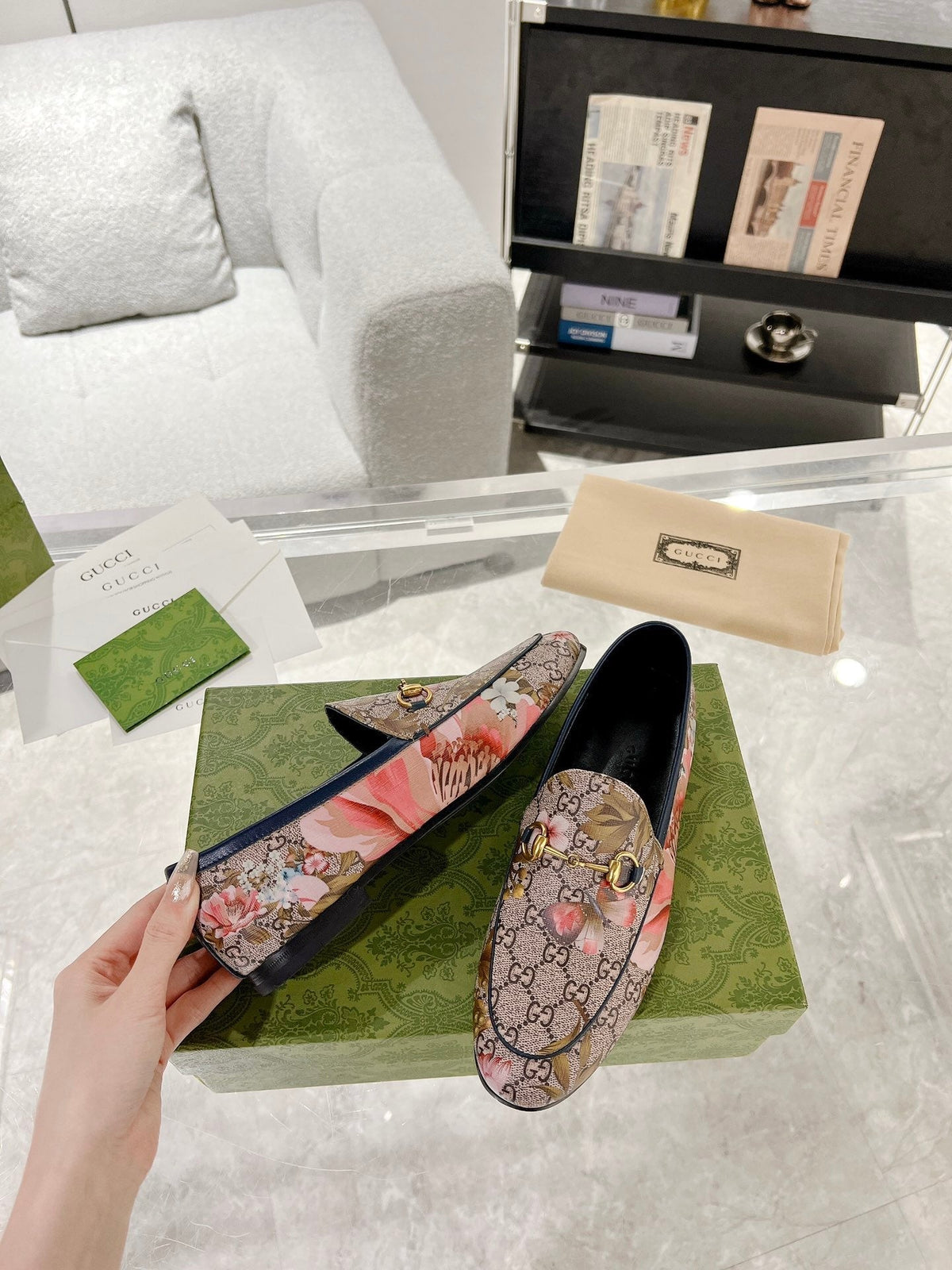 HORSEBIT LOAFER WITH FLOWER PRINT IN DARK BEIGE MONOGRAM JACQUARD FABRIC