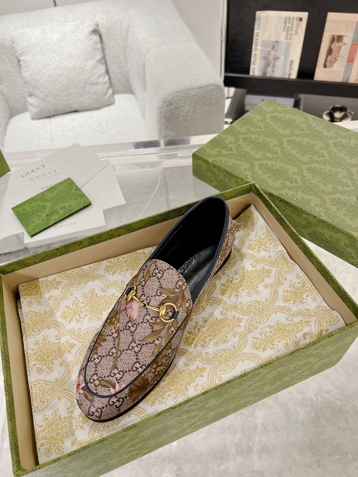 HORSEBIT LOAFER WITH FLOWER PRINT IN DARK BEIGE MONOGRAM JACQUARD FABRIC