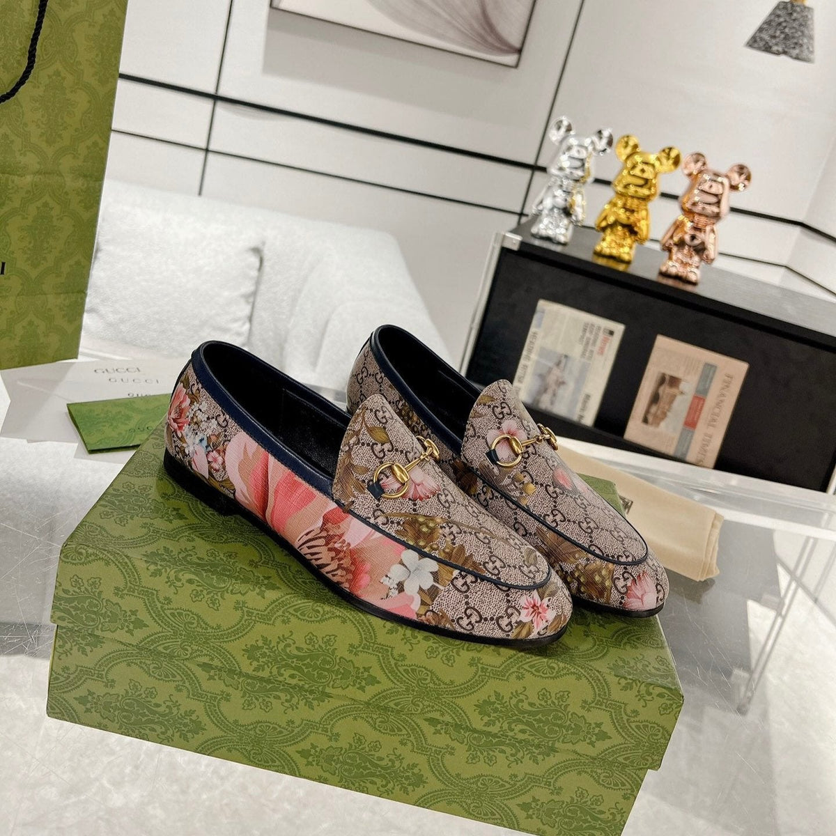HORSEBIT LOAFER WITH FLOWER PRINT IN DARK BEIGE MONOGRAM JACQUARD FABRIC