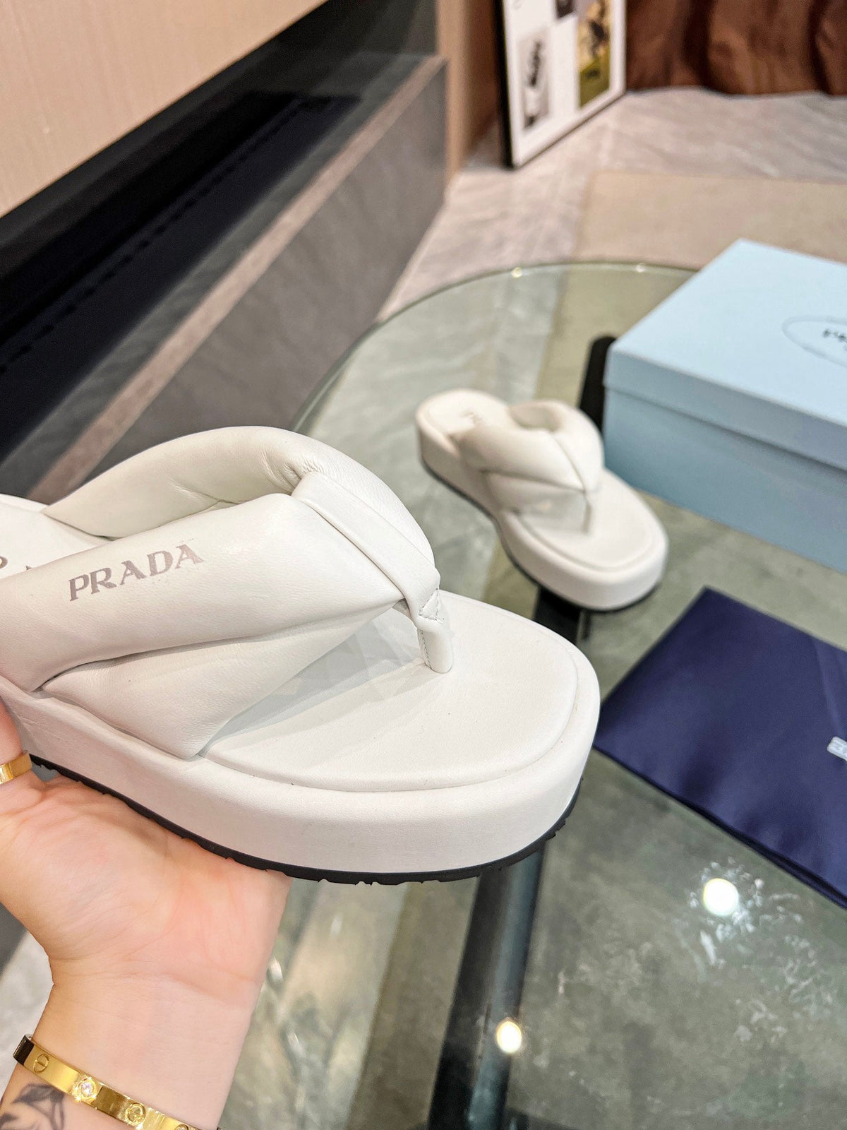 PRA THONG FLATFORM SANDALS WHITE LAMBSKIN
