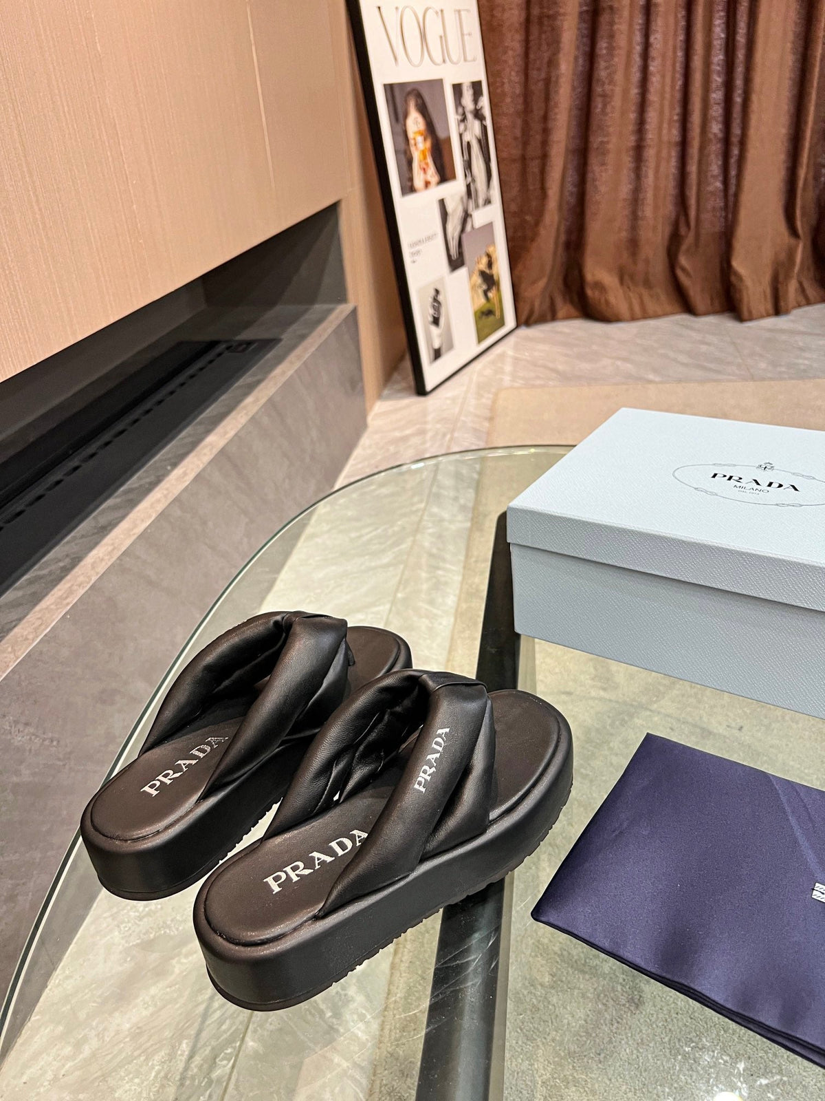PRA THONG FLATFORM SANDALS BLACK LAMBSKIN