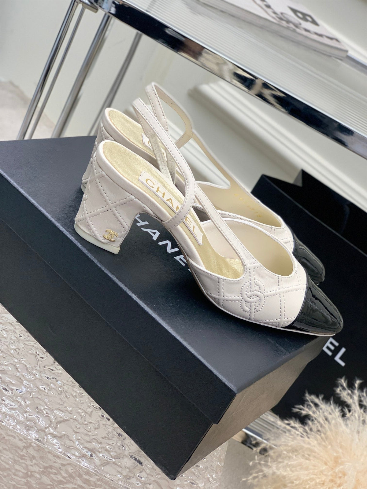 HIGH SLINGBACKS 65 WHITE MIX BLACK CALFSKIN
