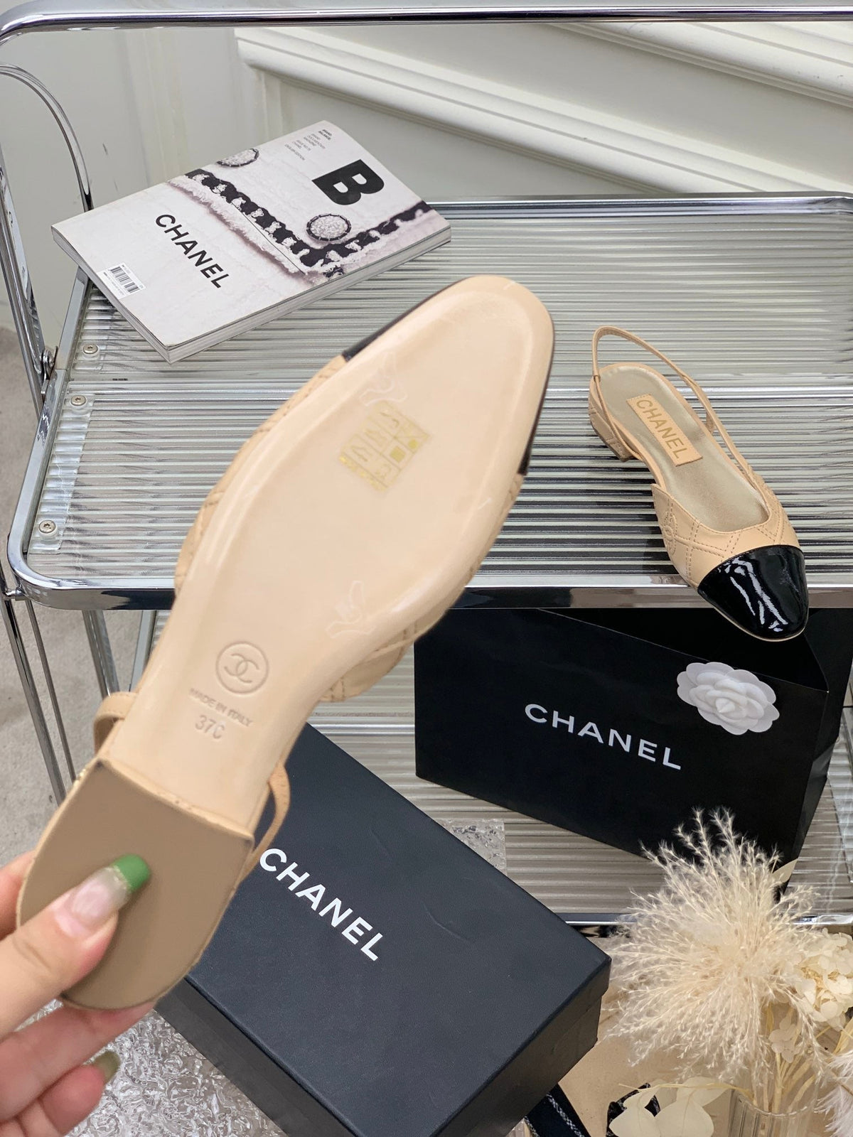 SLINGBACKS 20 BEIGE CREAM MIX BLACK CALFSKIN