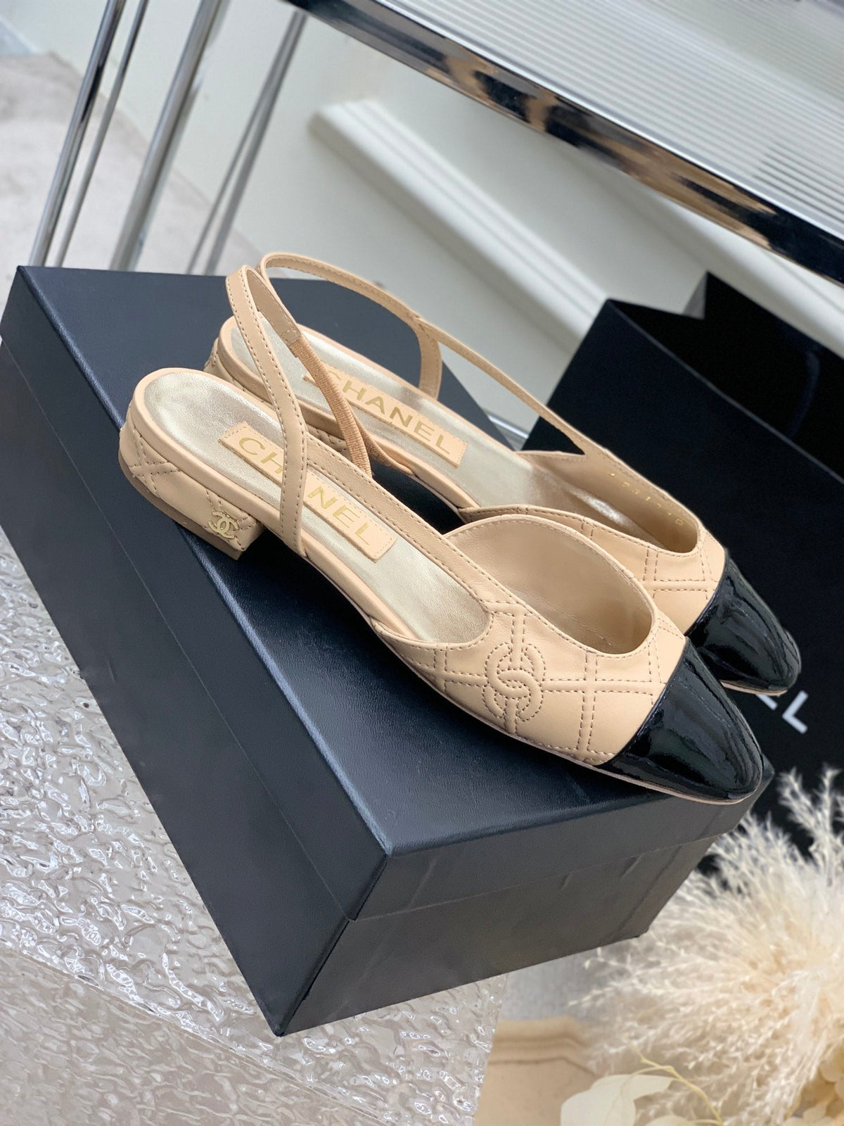 SLINGBACKS 20 BEIGE CREAM MIX BLACK CALFSKIN
