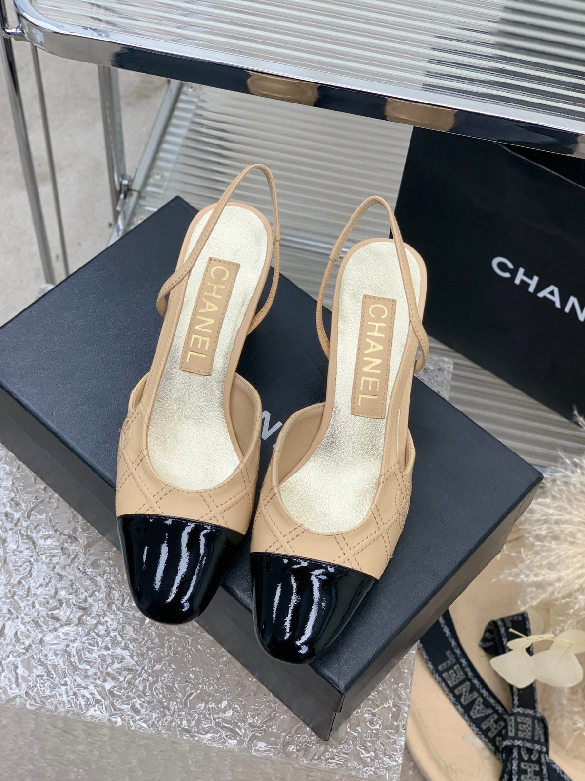 HIGH SLINGBACKS 65 BEIGE CREAM MIX BLACK CALFSKIN