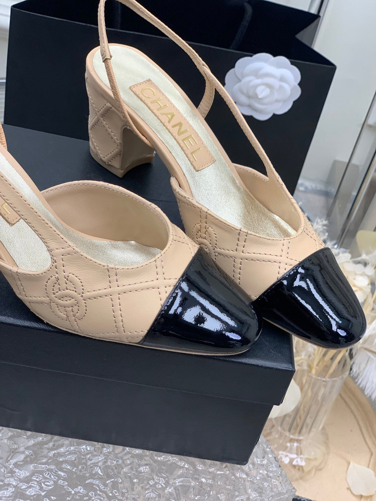 HIGH SLINGBACKS 65 BEIGE CREAM MIX BLACK CALFSKIN