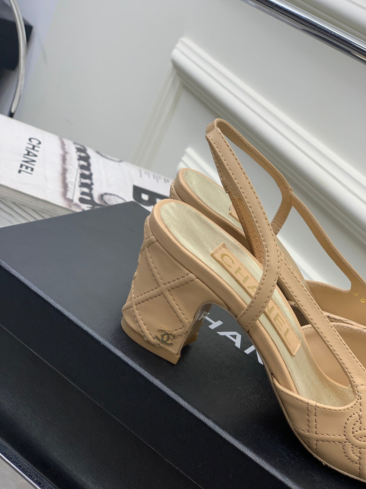HIGH SLINGBACKS 65 BEIGE CREAM MIX BLACK CALFSKIN