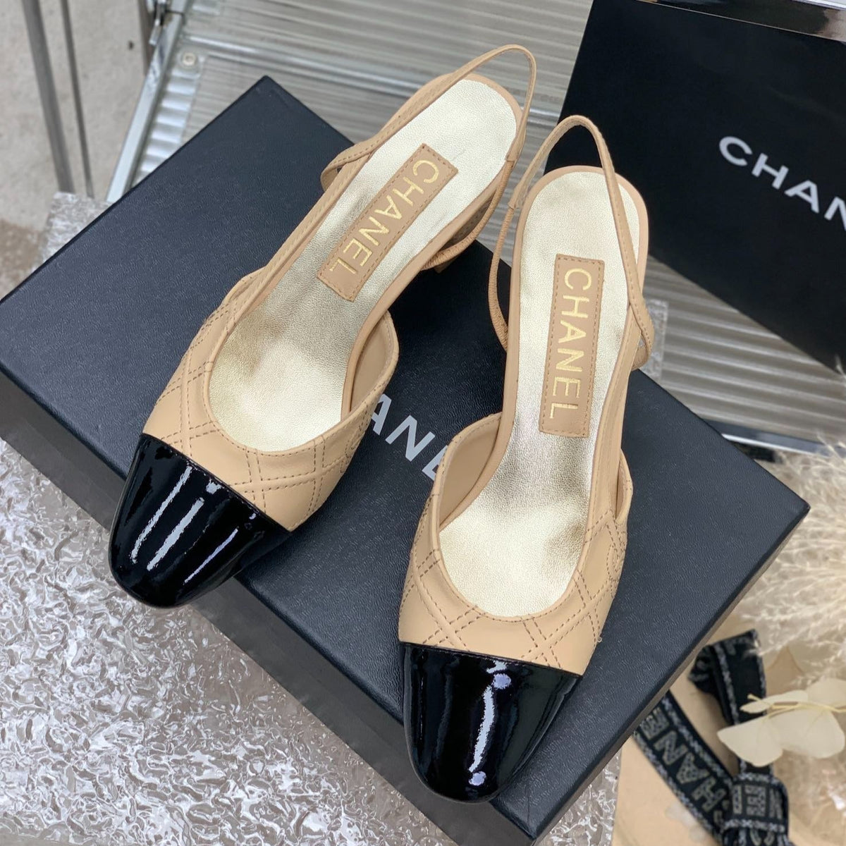 HIGH SLINGBACKS 65 BEIGE CREAM MIX BLACK CALFSKIN