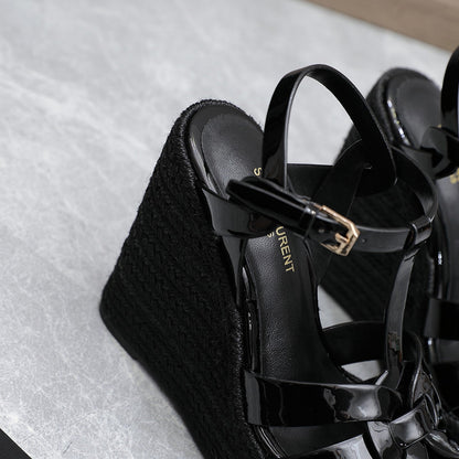 SL TRIBUTE WEDGE SANDALS BLACK POLISHED CALFSKIN