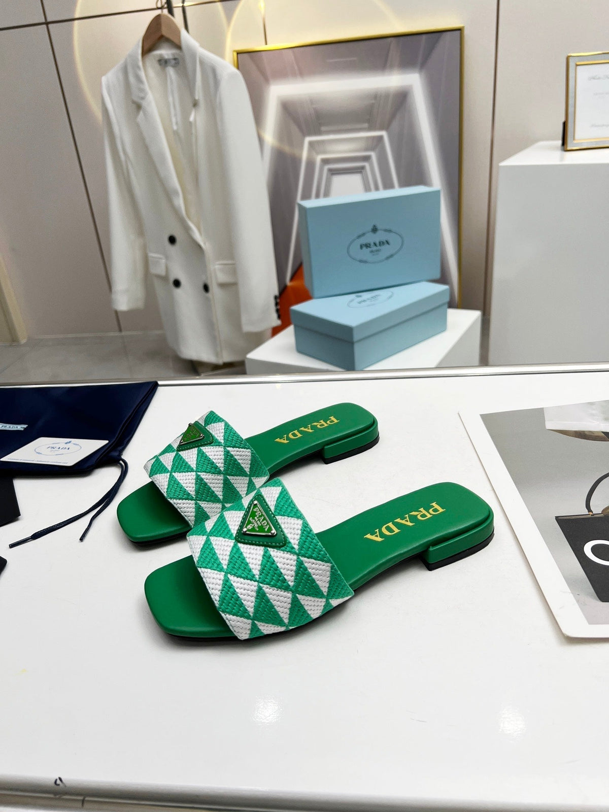 PRA EMBROIDERED SLIDES FLAT GREEN FABRIC
