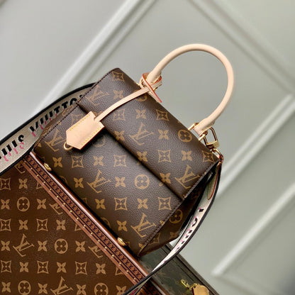 CLUNY BB MINI HANDBAG 20 IN BROWN MONOGRAM CALFSKIN BEIGE BLACK EMBROIDERED LOGO CANVAS