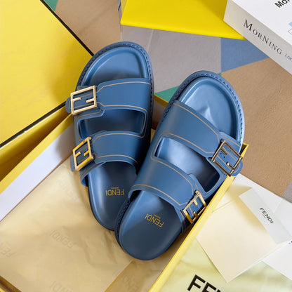 FENDI BAGUETTE DAD SANDALS IN CERULEAN BLUE CALFSKIN