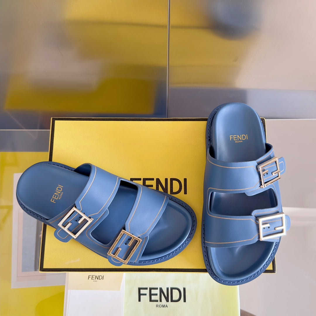 FENDI BAGUETTE DAD SANDALS IN CERULEAN BLUE CALFSKIN