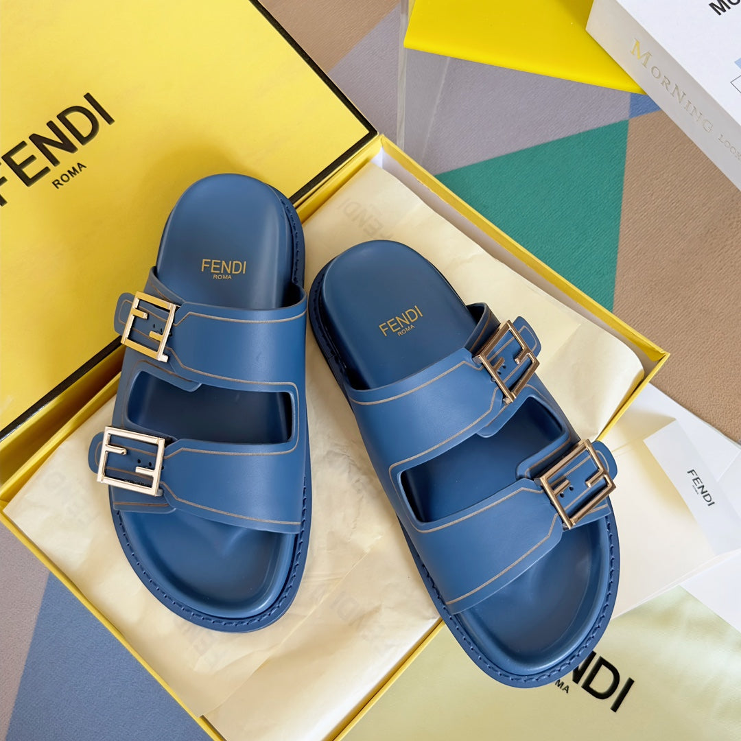 FENDI BAGUETTE DAD SANDALS IN CERULEAN BLUE CALFSKIN