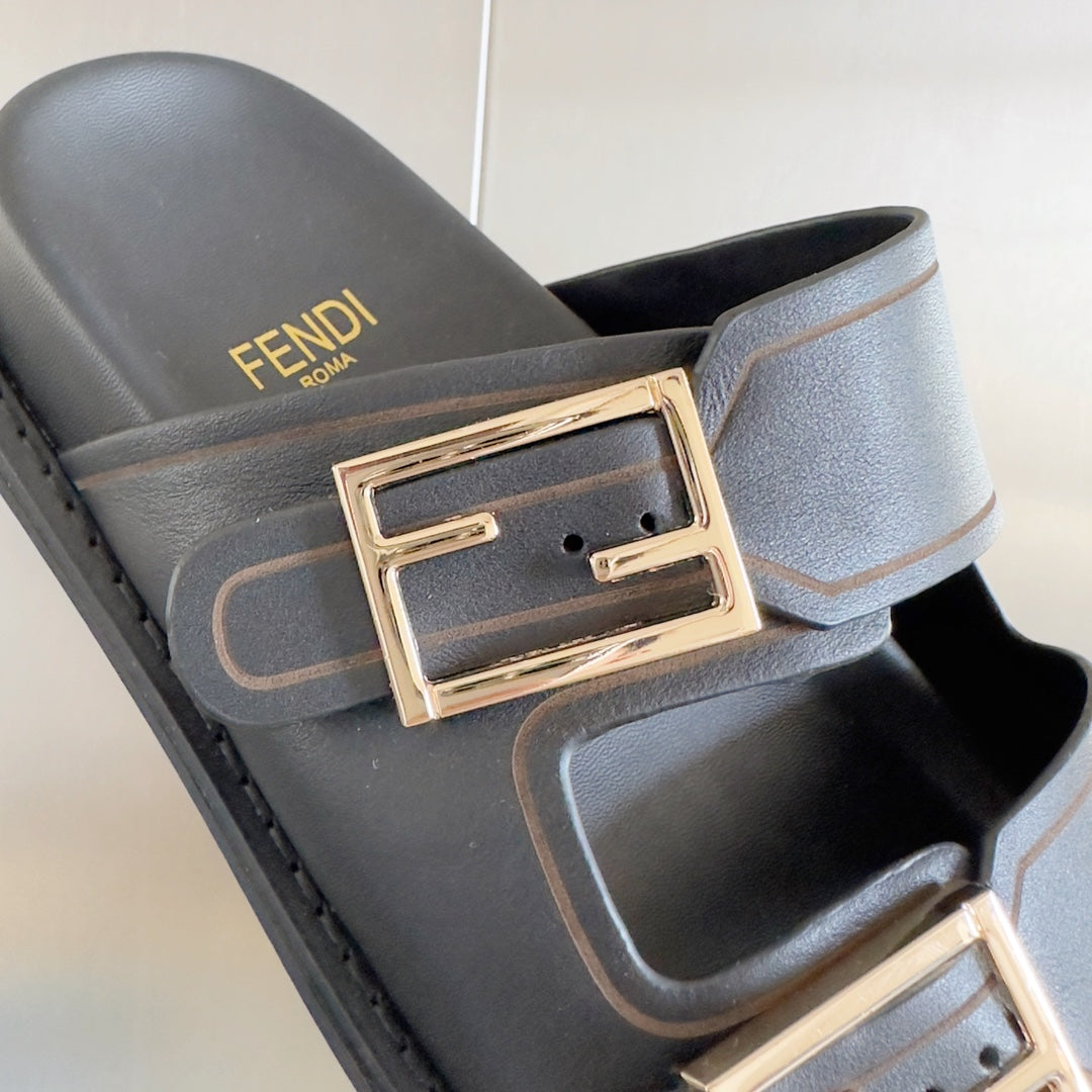 FENDI BAGUETTE DAD SANDALS IN BLACK CALFSKIN WITH GOLD HARDWARE