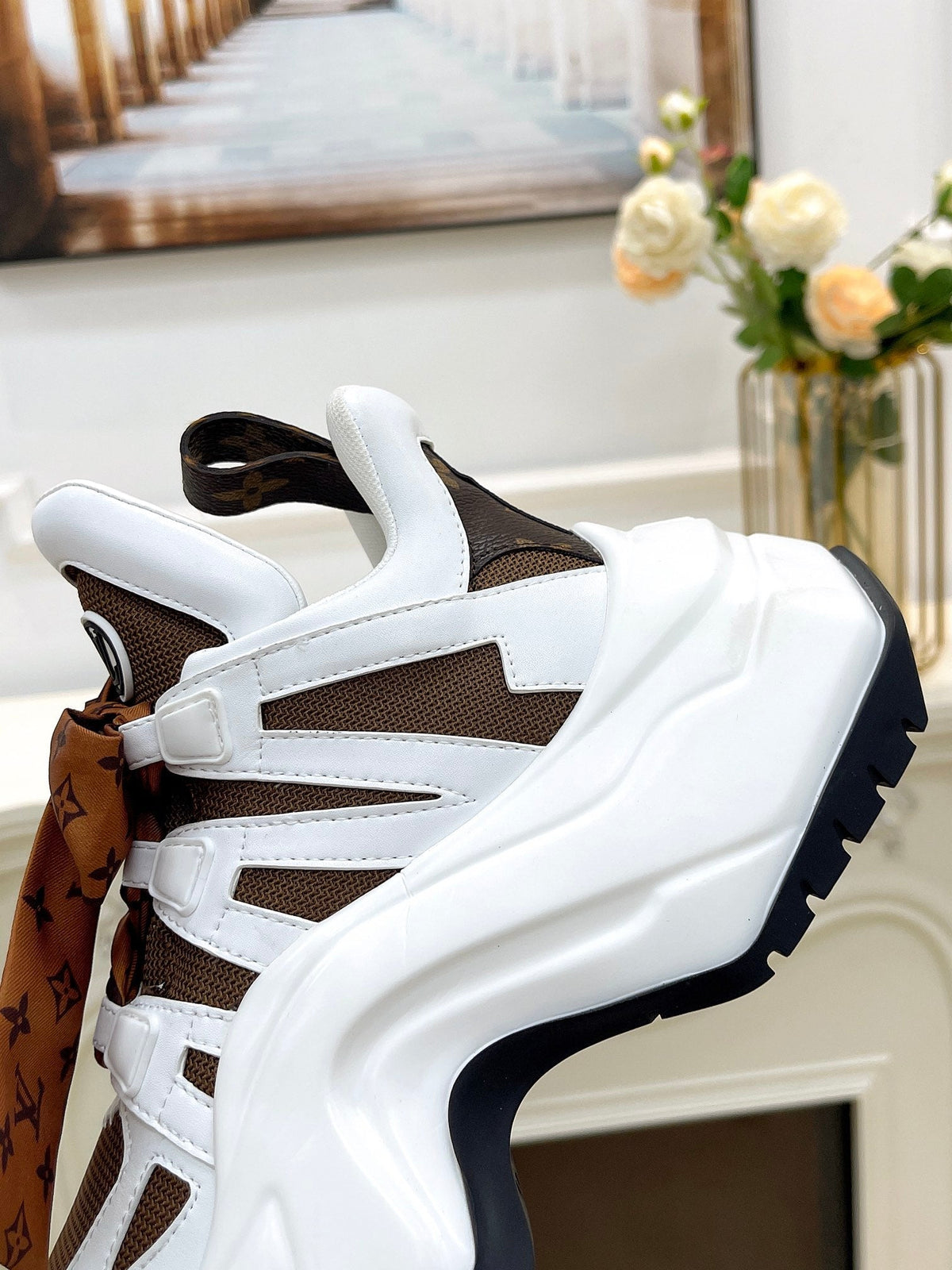 LV ARCHLIGHT 2.0 PLATFORM SNEAKER IN WHITE MIX CHOCOLATE BROWN MIX OF MATERIALS