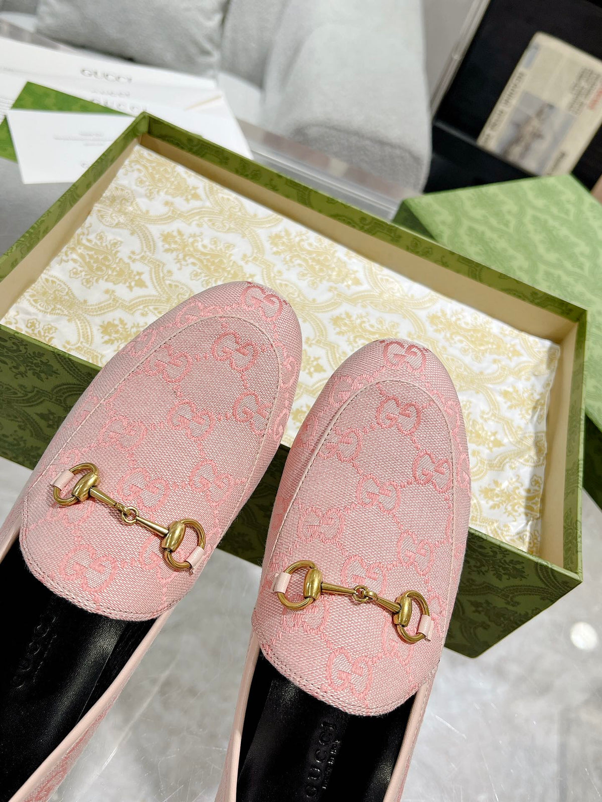 MEN'S LOAFER WITH HORSEBIT IN PINK PASTEL MONOGRAM JACQUARD FABRIC