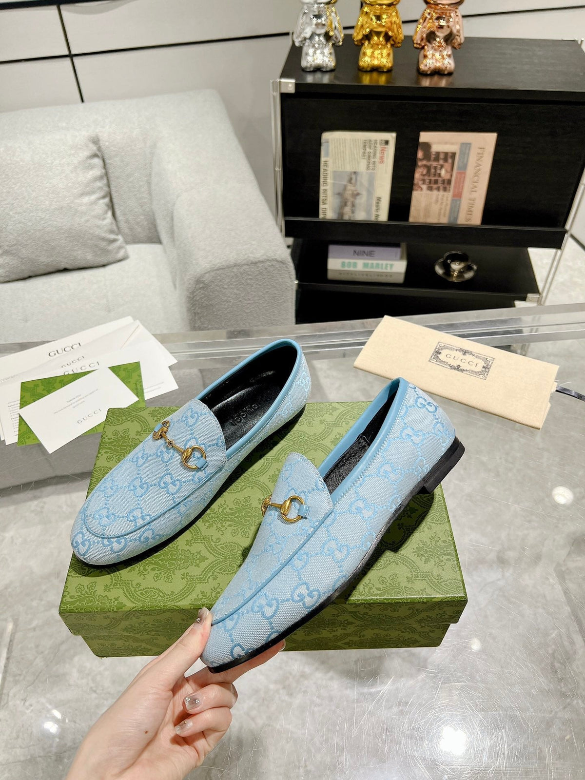 MEN'S LOAFER WITH HORSEBIT IN LIGHT BLUE MONOGRAM JACQUARD FABRIC