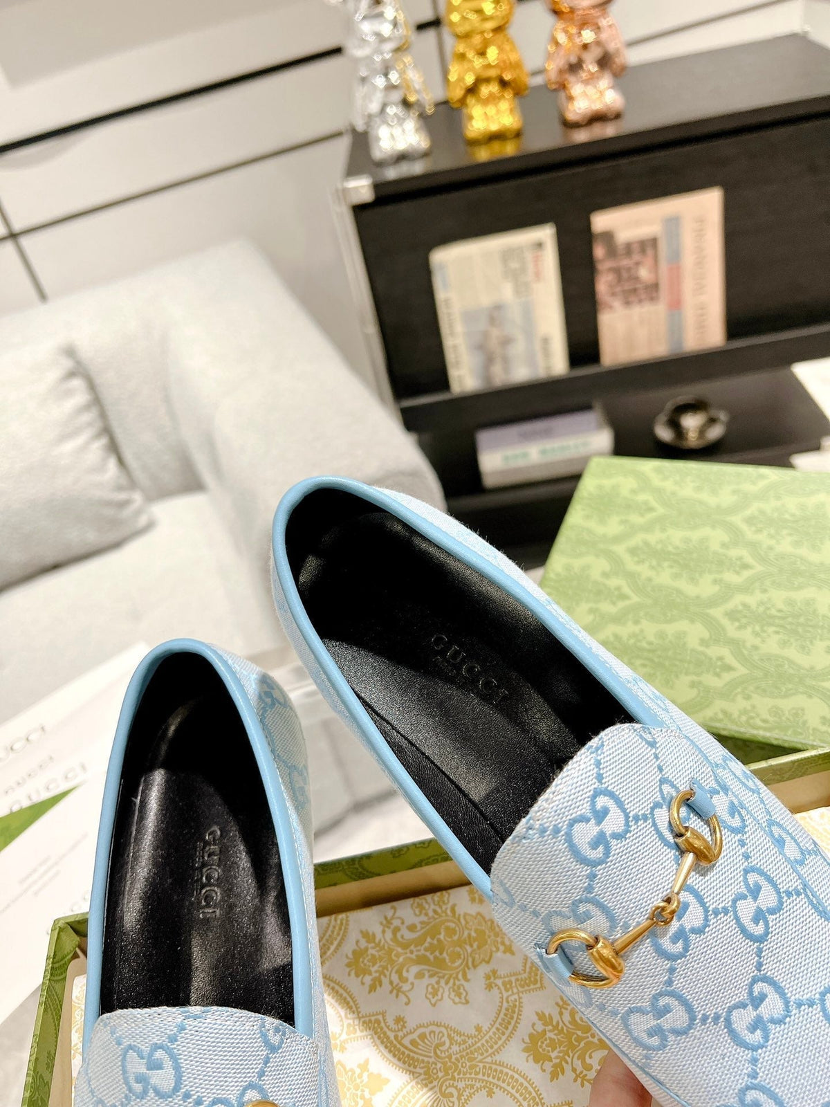 MEN'S LOAFER WITH HORSEBIT IN LIGHT BLUE MONOGRAM JACQUARD FABRIC