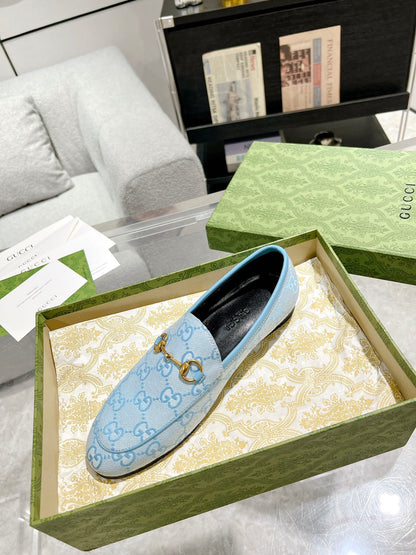 MEN'S LOAFER WITH HORSEBIT IN LIGHT BLUE MONOGRAM JACQUARD FABRIC