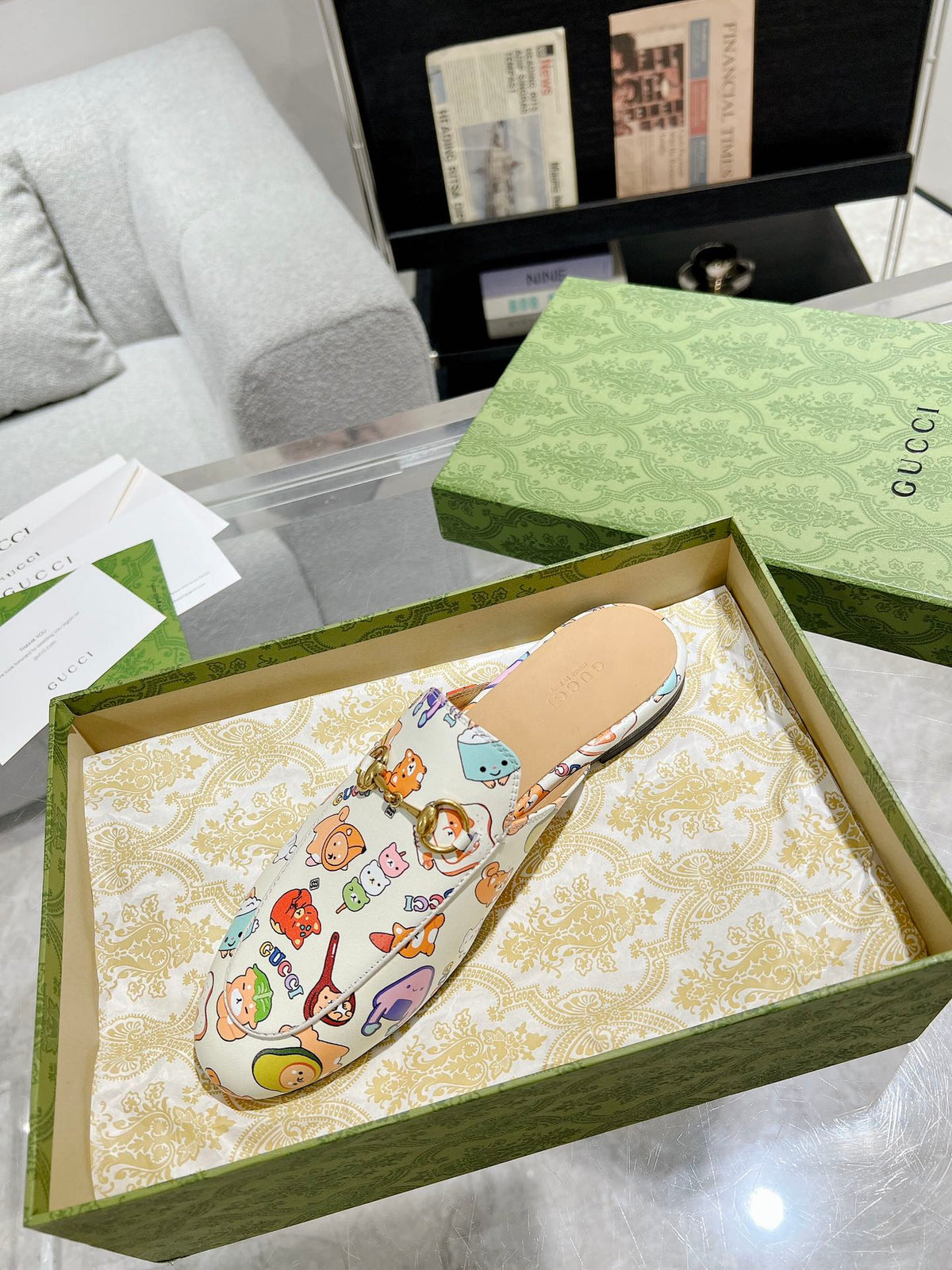 HORSEBIT SLIPPER MULE WITH CUTE ANIMAL PRINT IN WHITE CALFSKIN