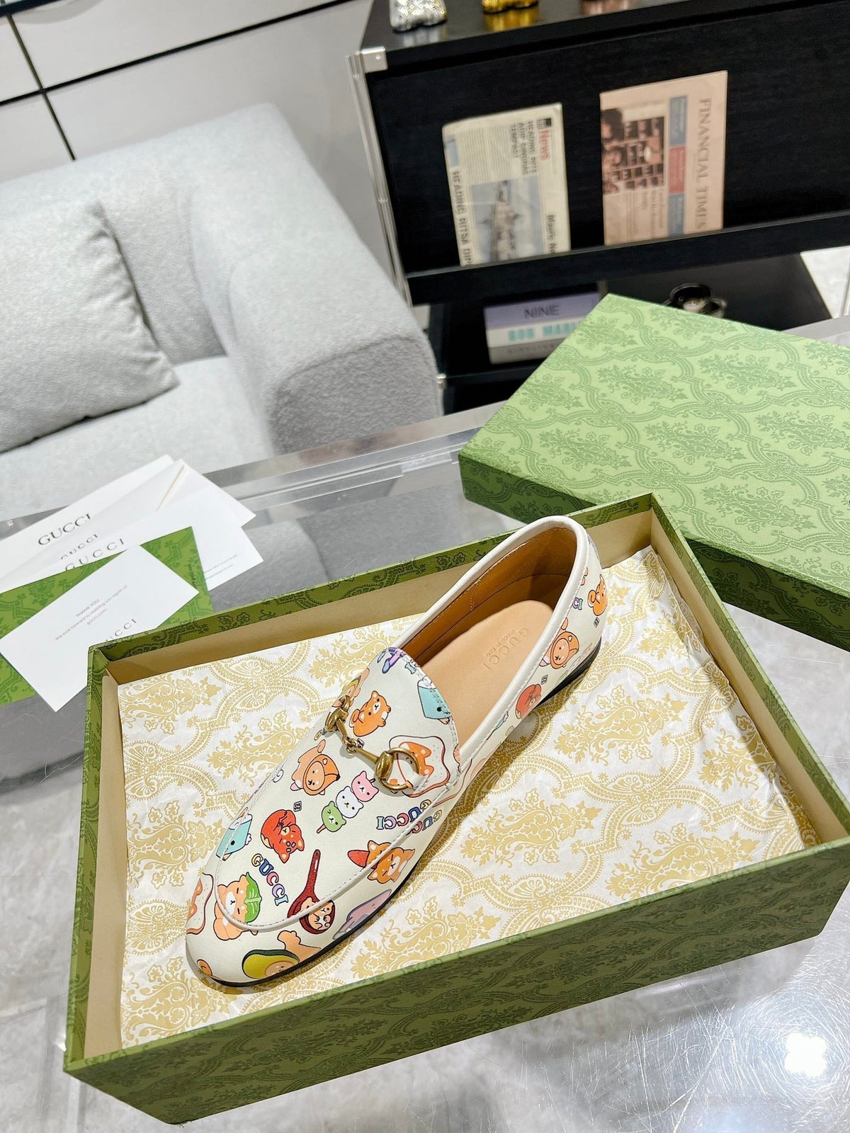 HORSEBIT LOAFER WITH CUTE ANIMAL PRINT IN WHITE CALFSKIN