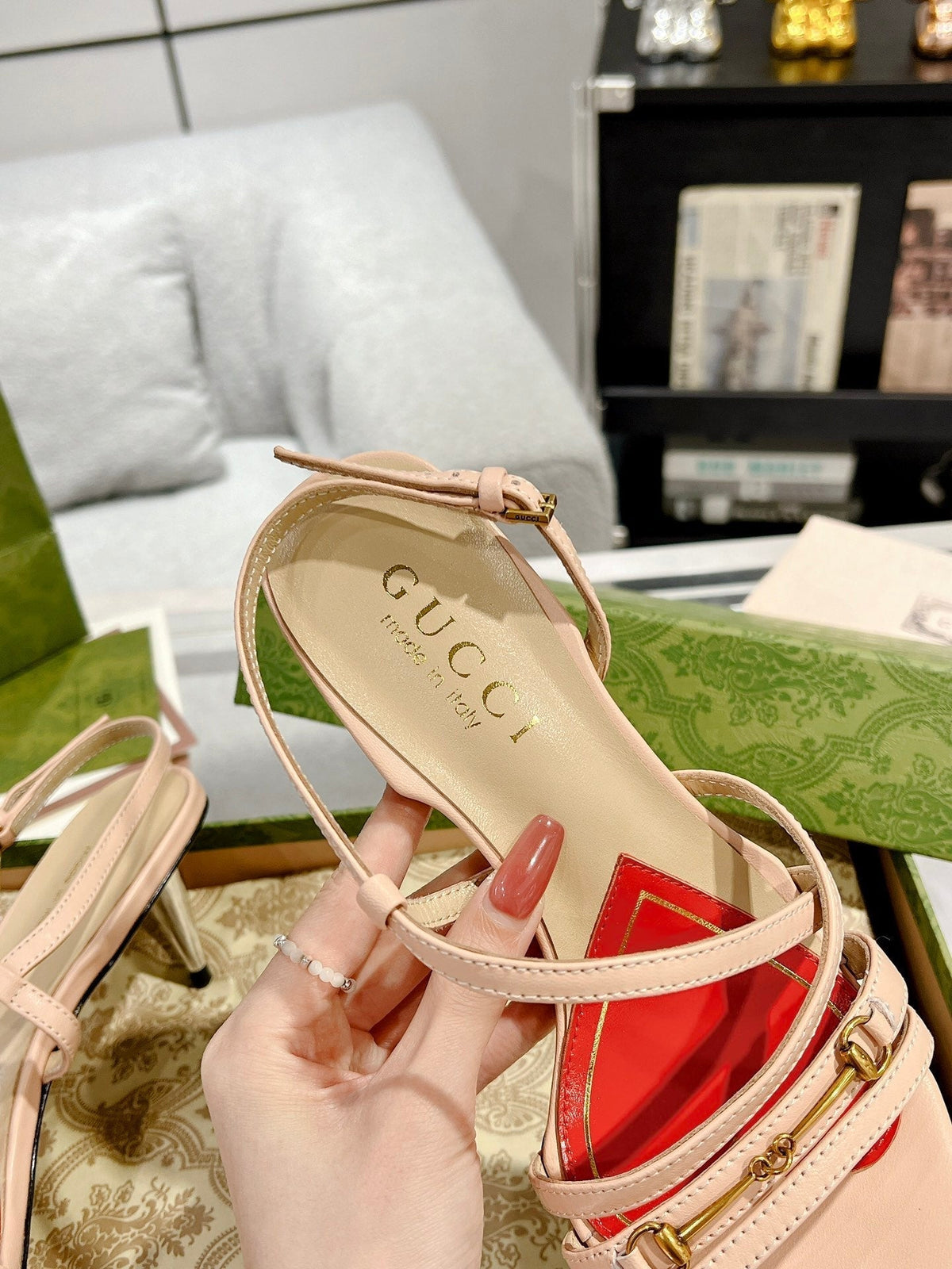 GG CLASSIC STRAPPY HEEL SANDAL PASTEL PINK CALFSKIN