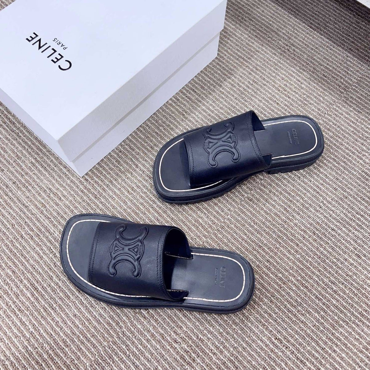 LEA TRIOMPHE PLATFORM SLIDES WOMEN VEGETABLE TANNED CALFSKIN BLACK