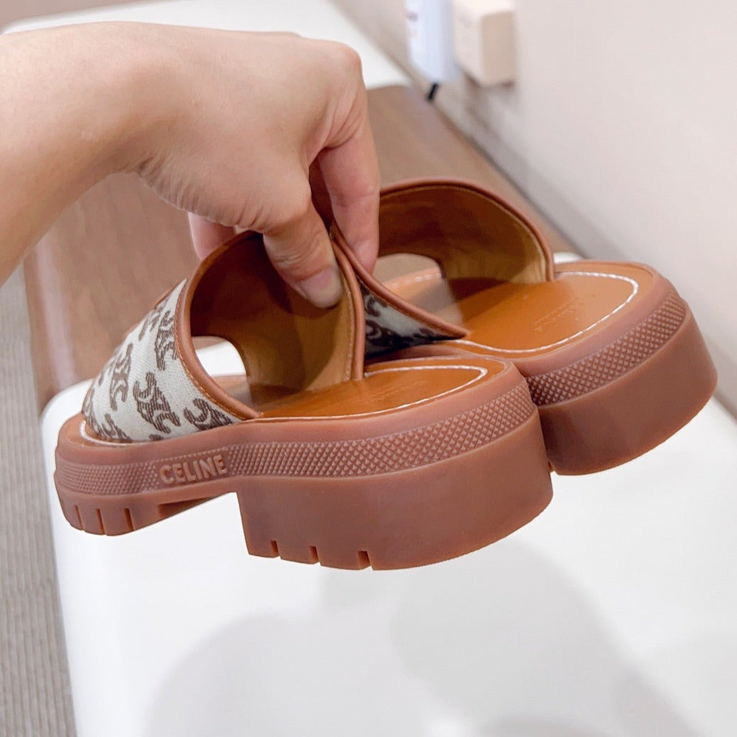 LEA TRIOMPHE PLATFORM SLIDES WOMEN VEGETABLE TANNED CALFSKIN BROWN/WHITE