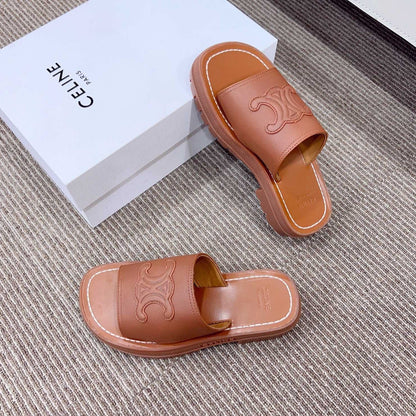 LEA TRIOMPHE PLATFORM SLIDES WOMEN VEGETABLE TANNED CALFSKIN BROWN