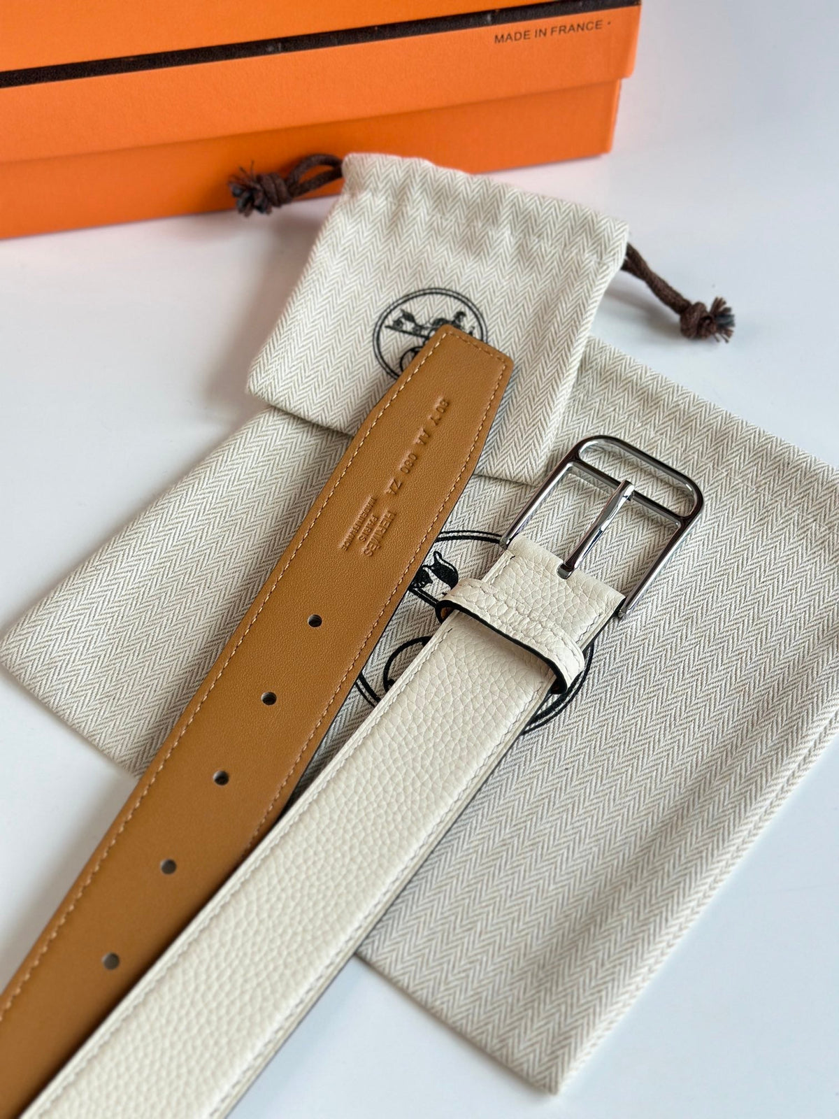 HM ROMAIN 35MM BELT WHITE CREAM LEATHER SILVER HARDWARE