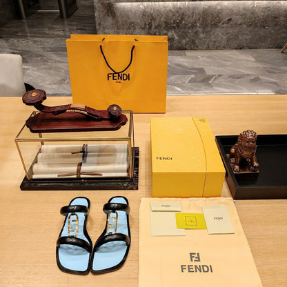 FENDI O'LOCK SLIDES BLACK AND LIGHT BLUE CALFSKIN WITH GOLD HARDWARE