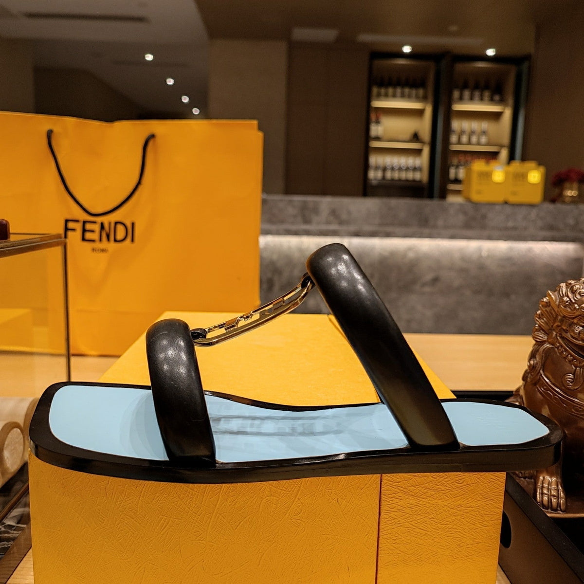 FENDI O'LOCK SLIDES BLACK AND LIGHT BLUE CALFSKIN WITH GOLD HARDWARE