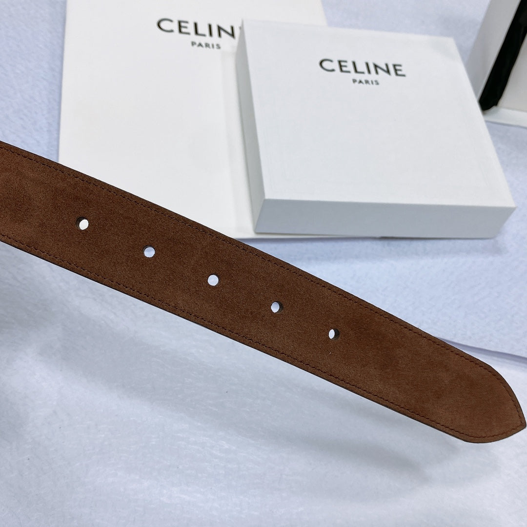 CL LARGE 35MM TWIN TRIOMPHE BELT IN CHOCOLATE BROWN SUEDE GOLD HARDWARE