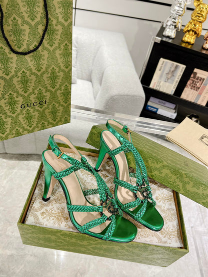 GG CRYSTAL HIGH HEEL SANDAL JADE GREEN CALFSKIN SPECIAL