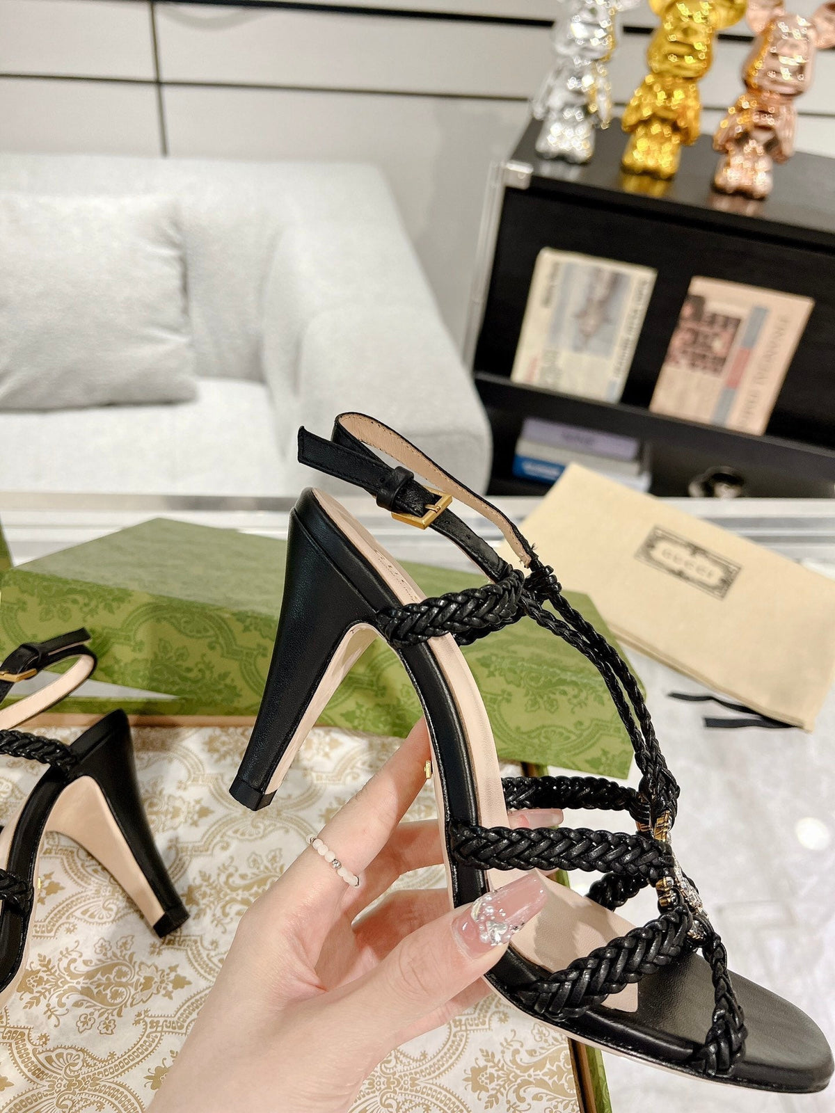 GG CRYSTAL HIGH HEEL SANDAL BLACK CALFSKIN SPECIAL