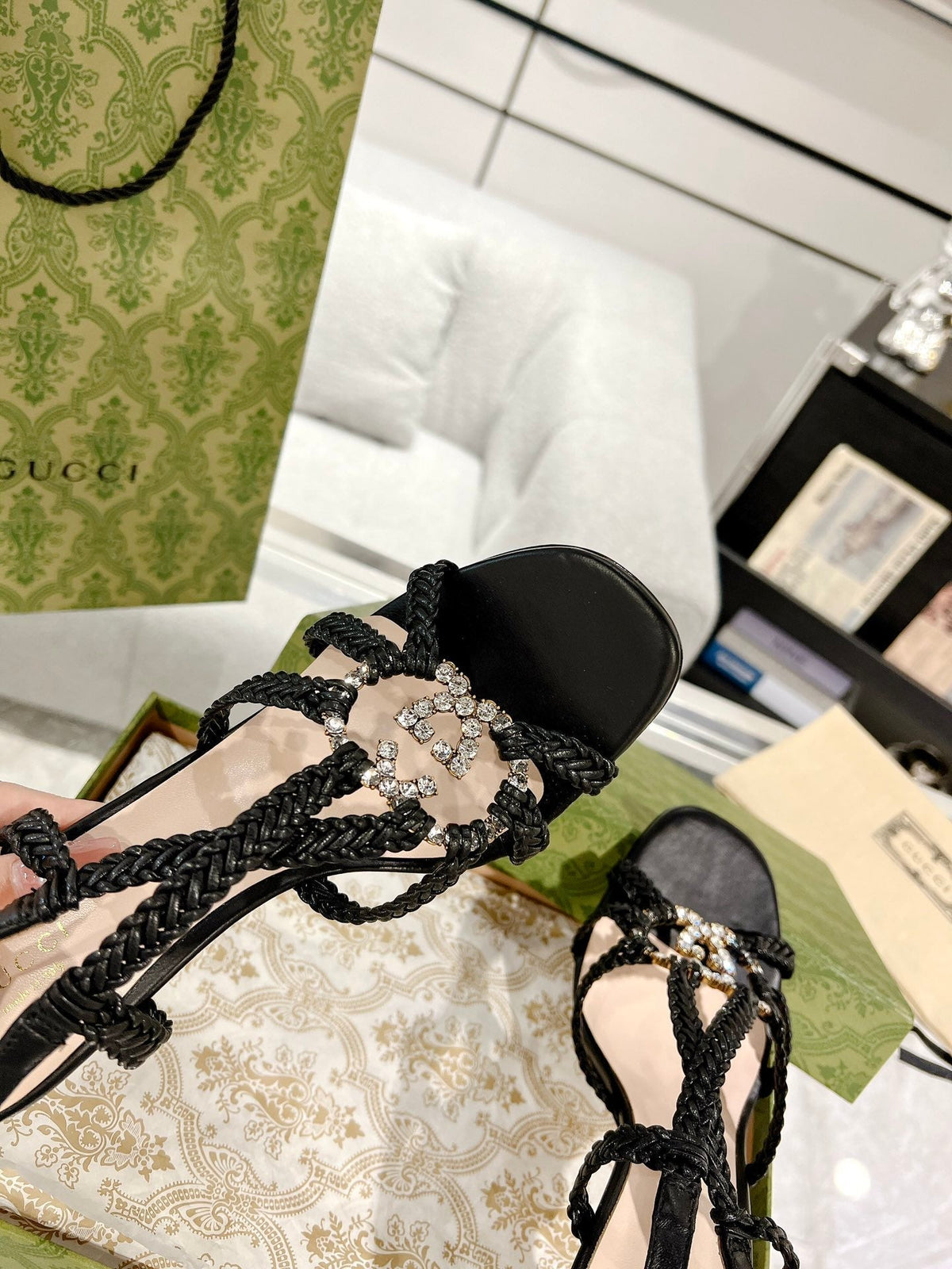 GG CRYSTAL HIGH HEEL SANDAL BLACK CALFSKIN SPECIAL