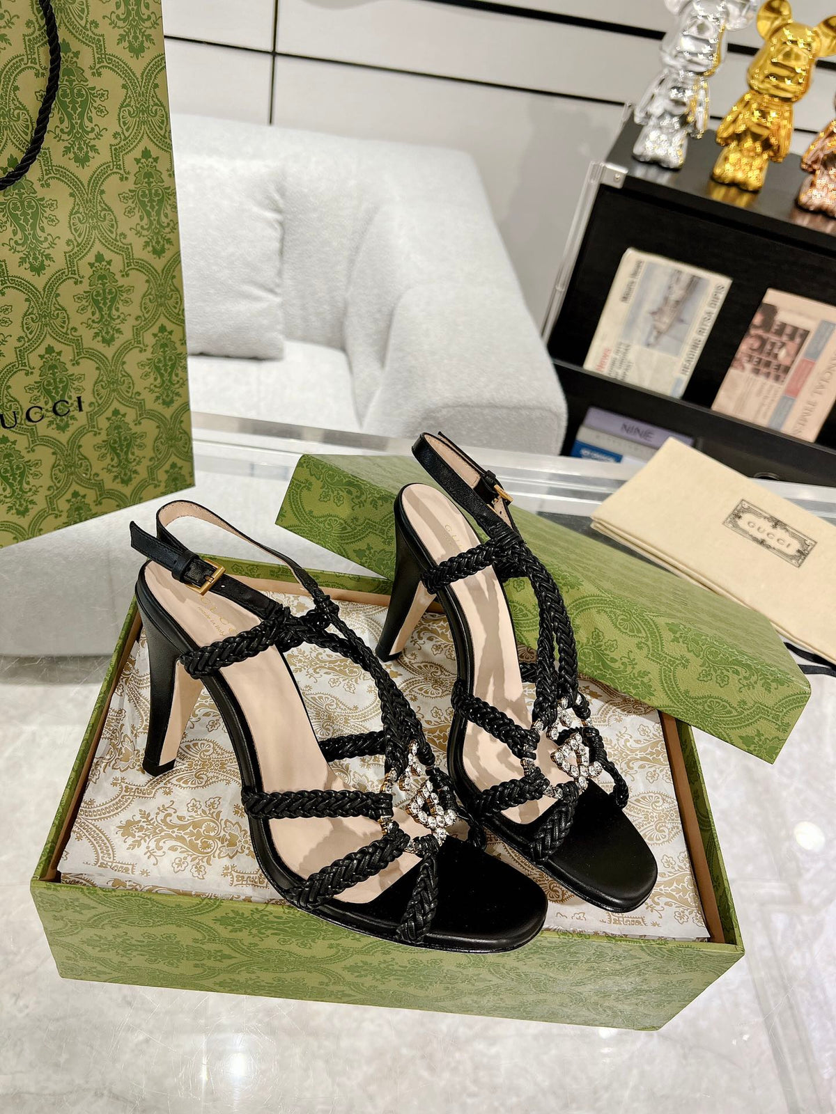 GG CRYSTAL HIGH HEEL SANDAL BLACK CALFSKIN SPECIAL