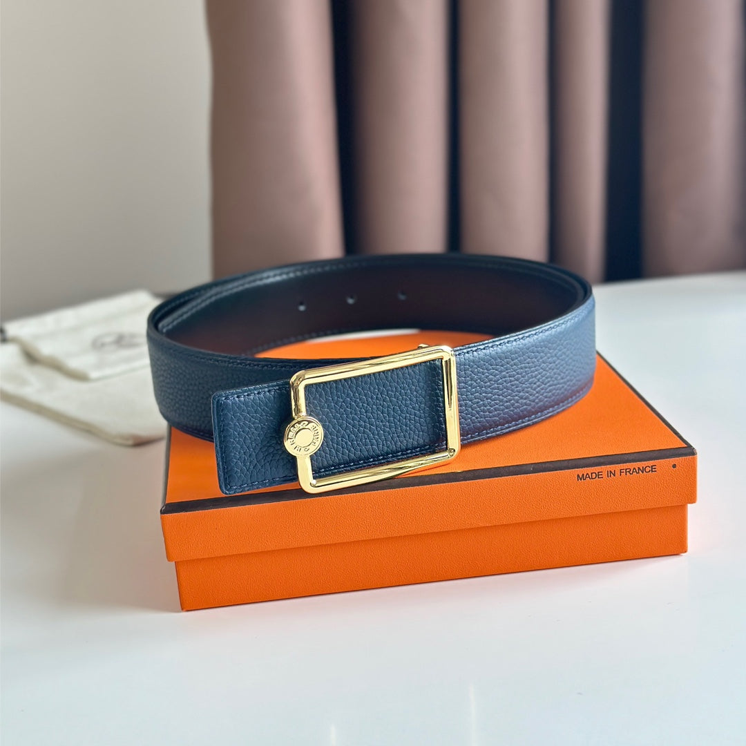 HM OSCAR BELT BUCKLE & REVERSIBLE BLACK AND AEGEAN BLUE LEATHER STRAP 38MM GOLD HARDWARE