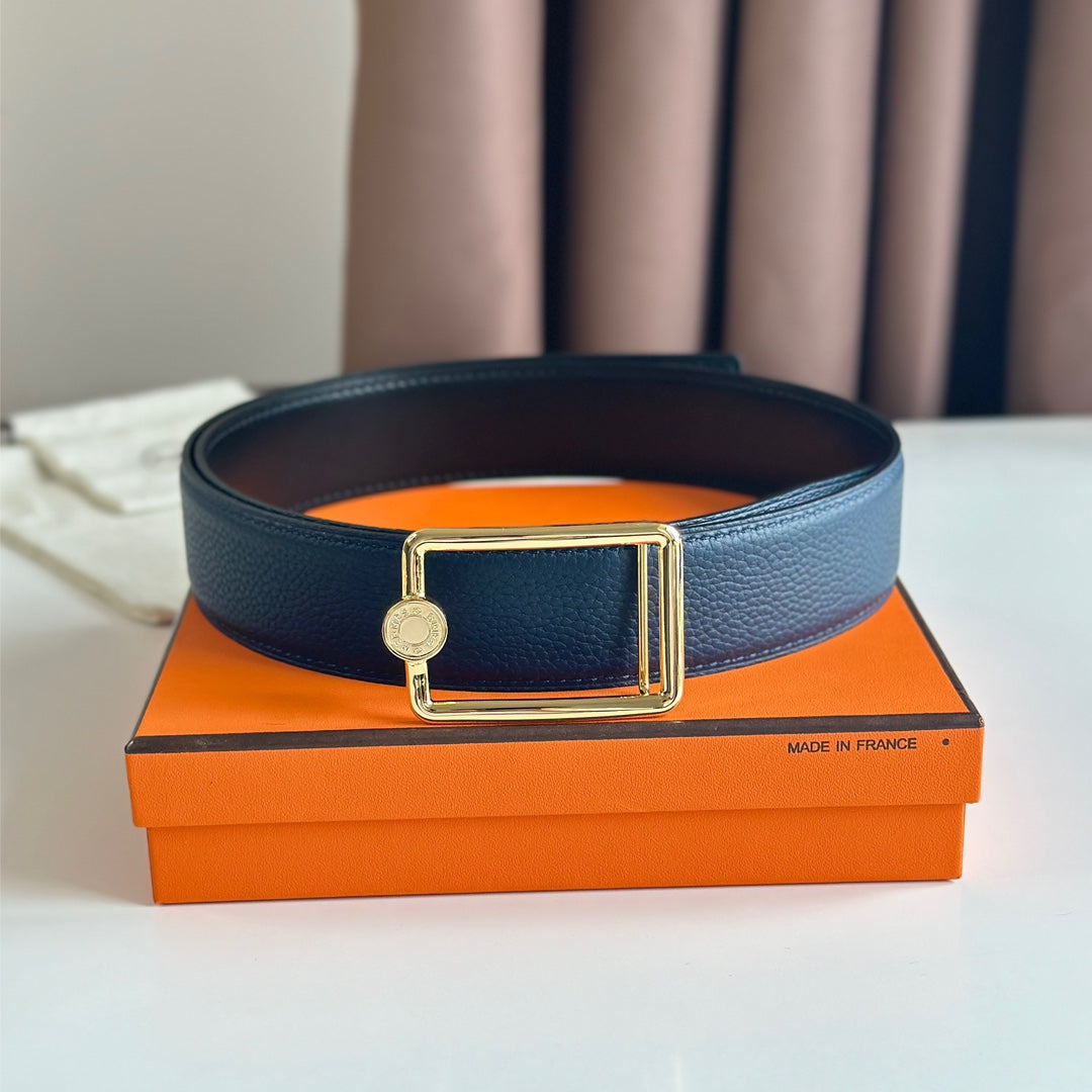HM OSCAR BELT BUCKLE & REVERSIBLE BLACK AND AEGEAN BLUE LEATHER STRAP 38MM GOLD HARDWARE