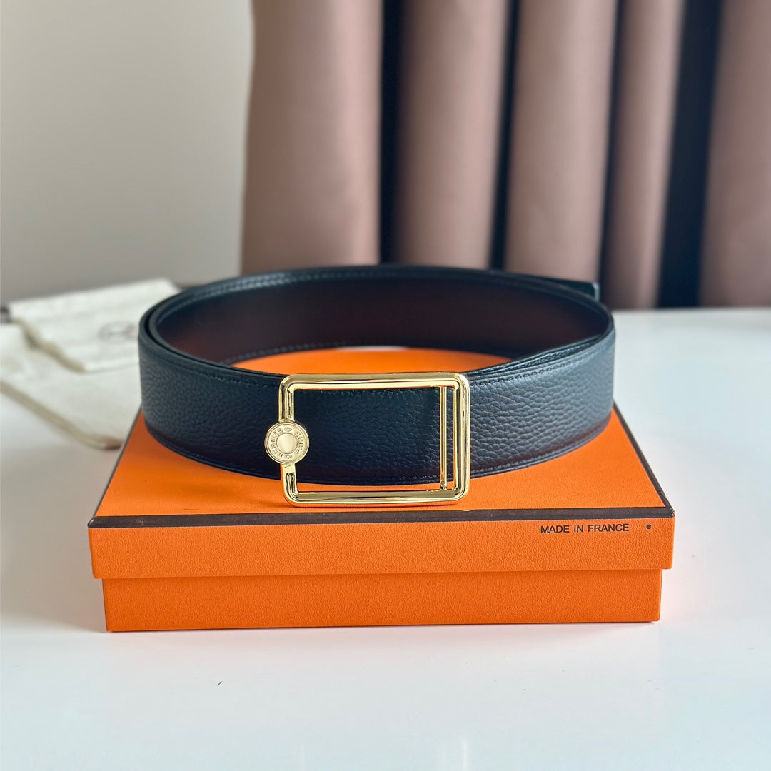 HM OSCAR BELT BUCKLE & REVERSIBLE BLACK LEATHER STRAP 38MM GOLD HARDWARE