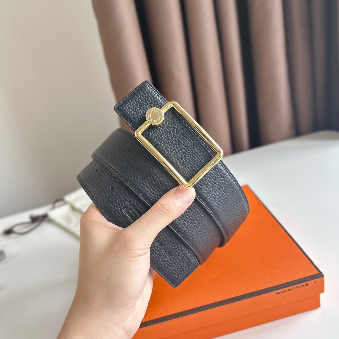 HM OSCAR BELT BUCKLE & REVERSIBLE BLACK LEATHER STRAP 38MM GOLD HARDWARE
