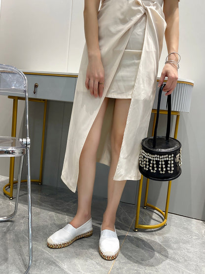 LOAFERS IN WHITE FABRIC AND RAFFIA