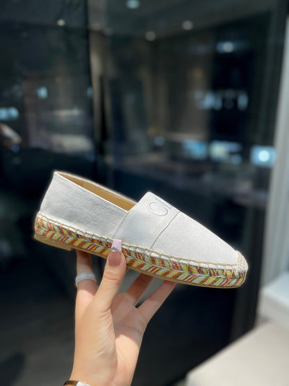 LOAFERS IN WHITE FABRIC AND RAFFIA
