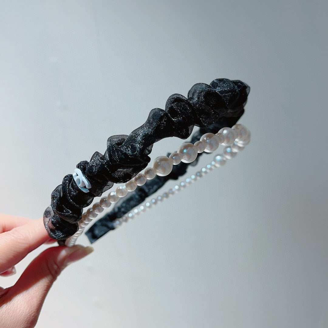 BLACK VOILE FABRIC HAIRBAND WITH PEARL CHAIN 867187