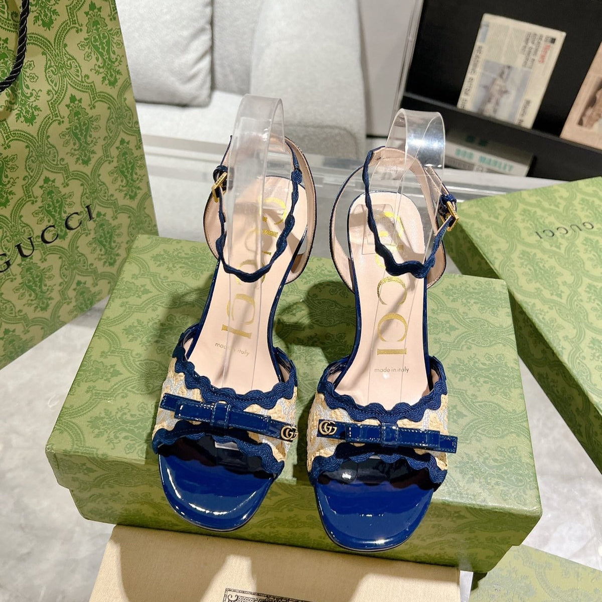 GG HIGH - HEEL SANDAL AZURE FABRIC ATTACH BOW